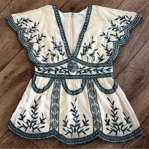 Embroidered‎ Babydoll V Neck Flutter Sleeves Beige Green 8 Fairy Regency Holiday